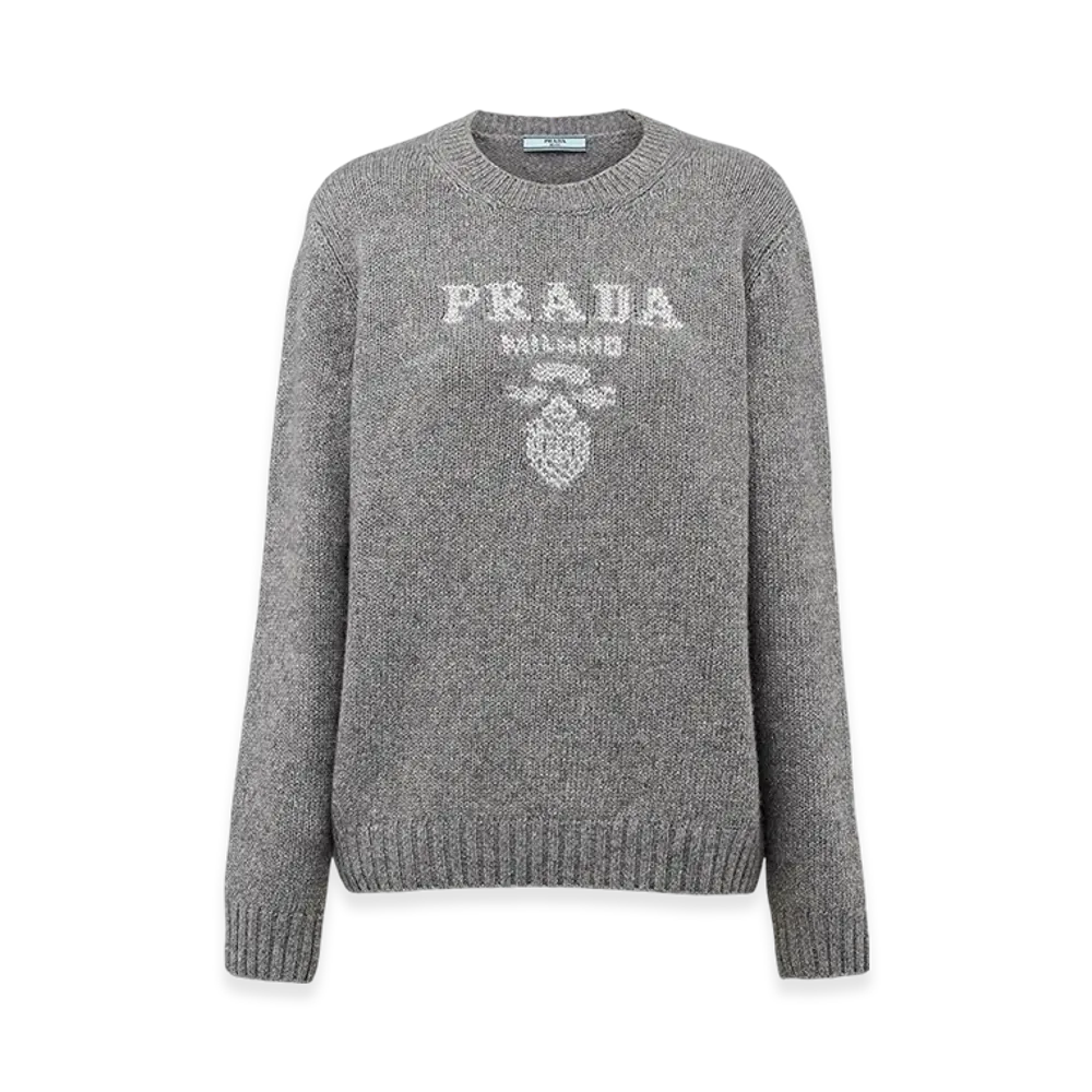 PRADA Women's Wool Cashmere and Lame Crew-Neck Sweater "Gray/Silver"