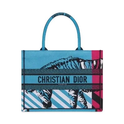 Dior Book Tote Medium Bag D-Jungle Pop Embroidery "Bright Blue"