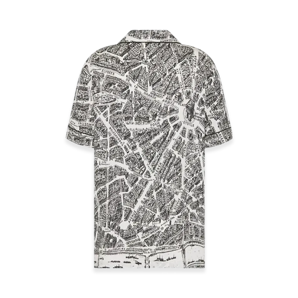 Dior Women's Short-Sleeved Shirt Silk Twill Plan Paris Motif "White/Black"