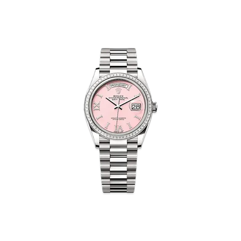 ROLEX Day-Date 36mm White Gold Diamond 128399TBR "Pink Opal"