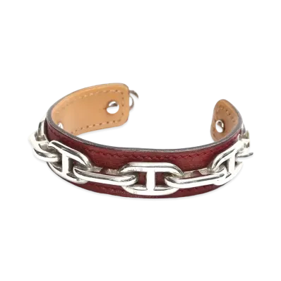 Hermes Chaine D'ancre Plating Leather Bangle "Silver/Red"