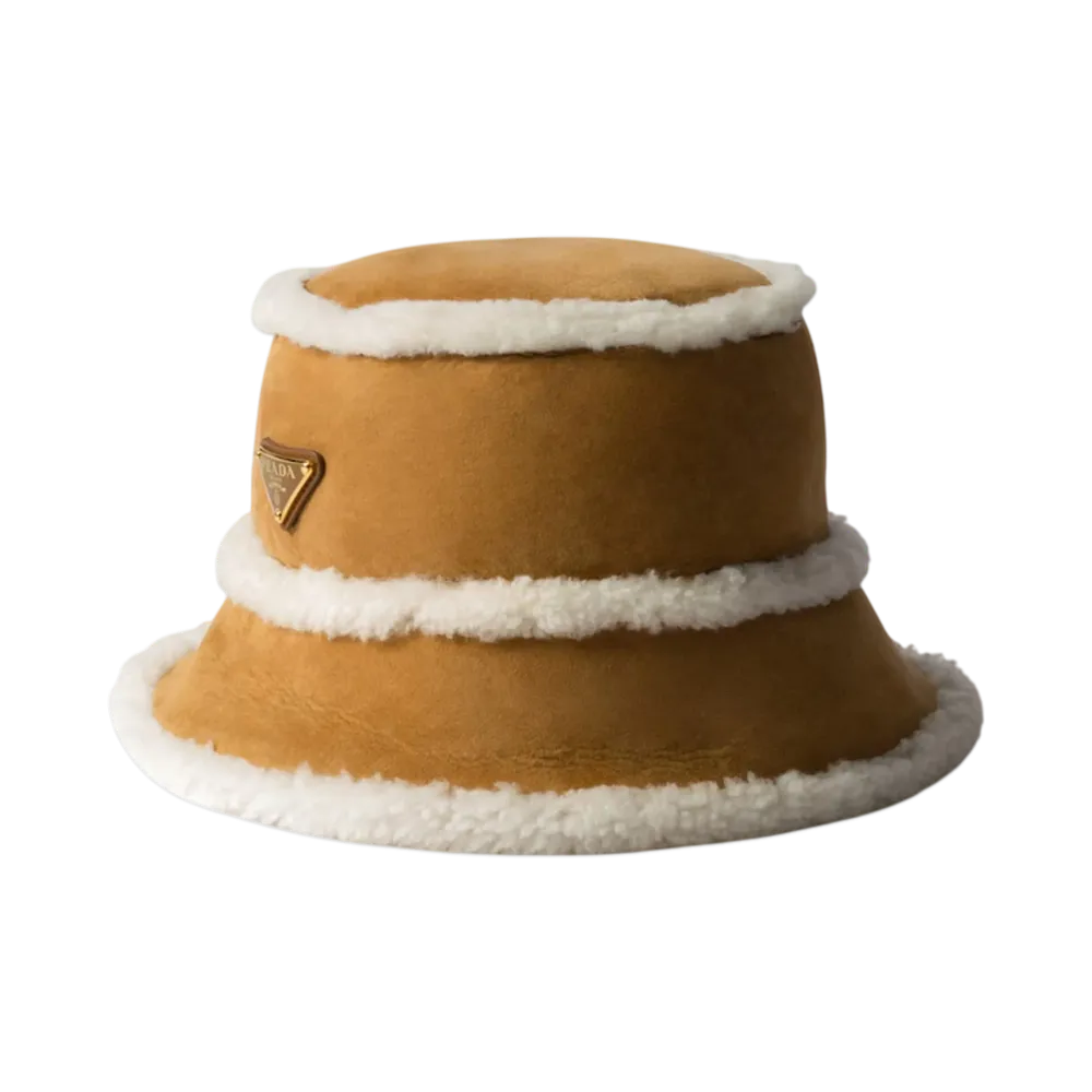 PRADA Suede Shearling Bucket Hat "Beige"