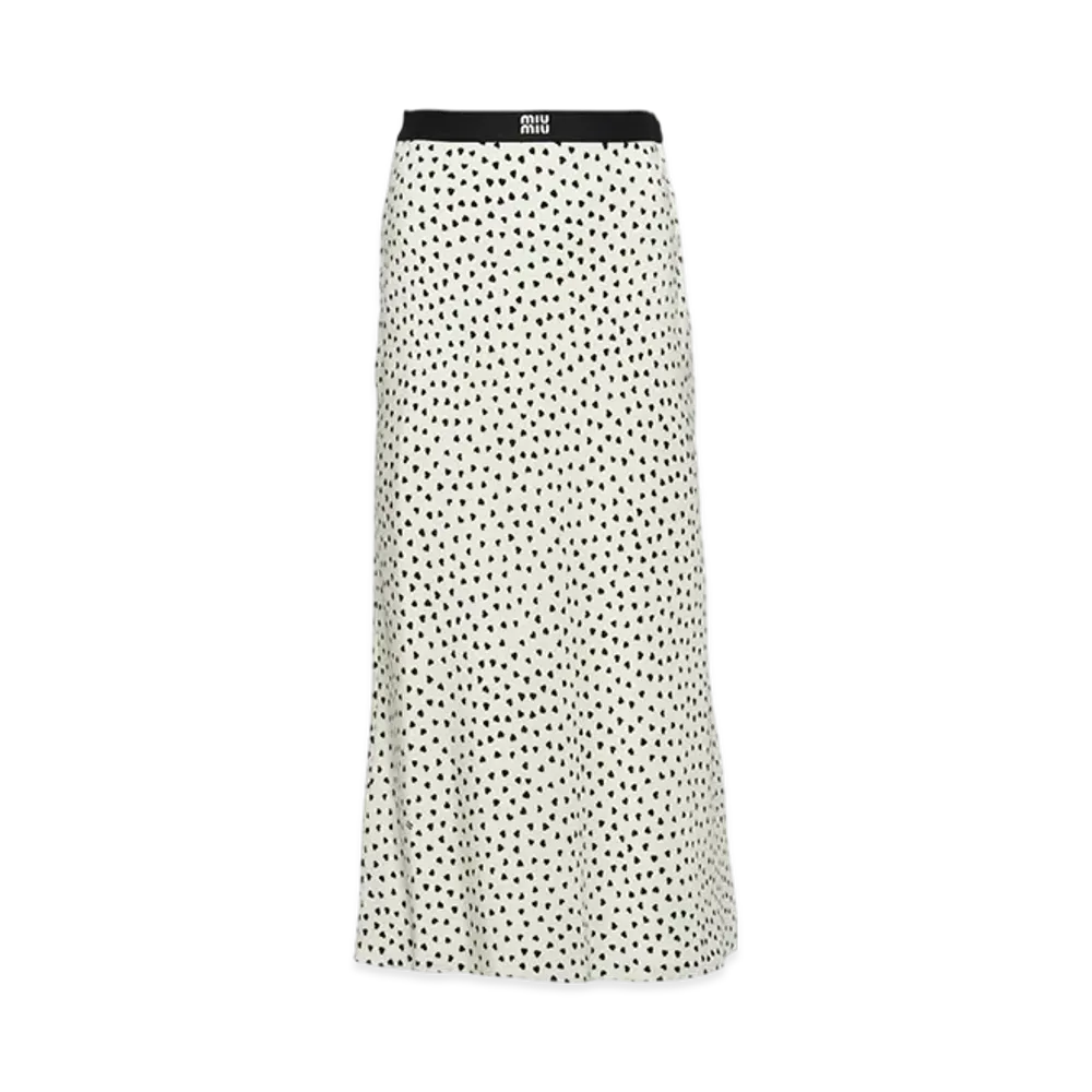 MIU MIU Women's Heart-Print Crepe De Chine Midi Skirt "Ivory/Black"