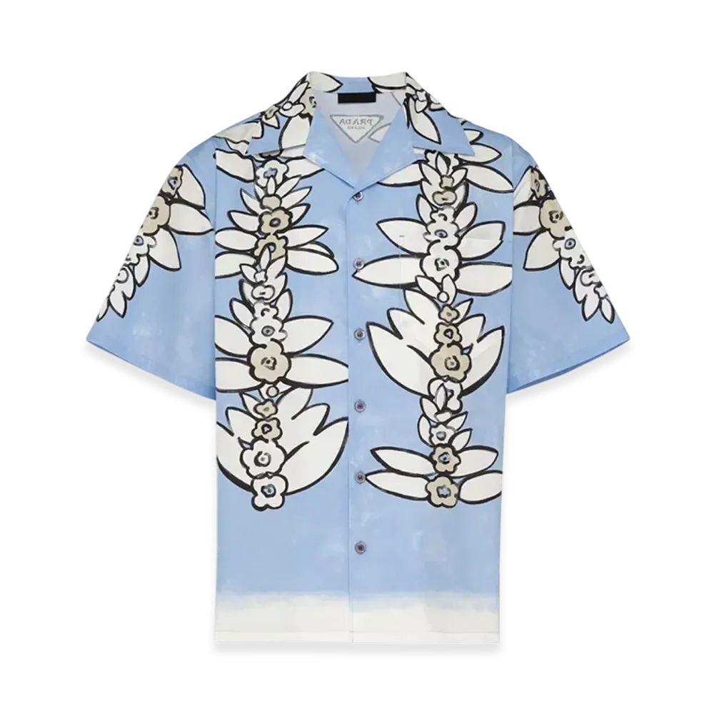 PRADA Short Sleeve Printed Cotton Shirt "Light Blue/Cord"