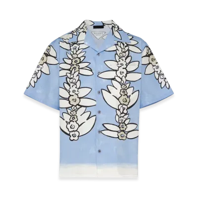 PRADA Short Sleeve Printed Cotton Shirt "Light Blue/Cord"