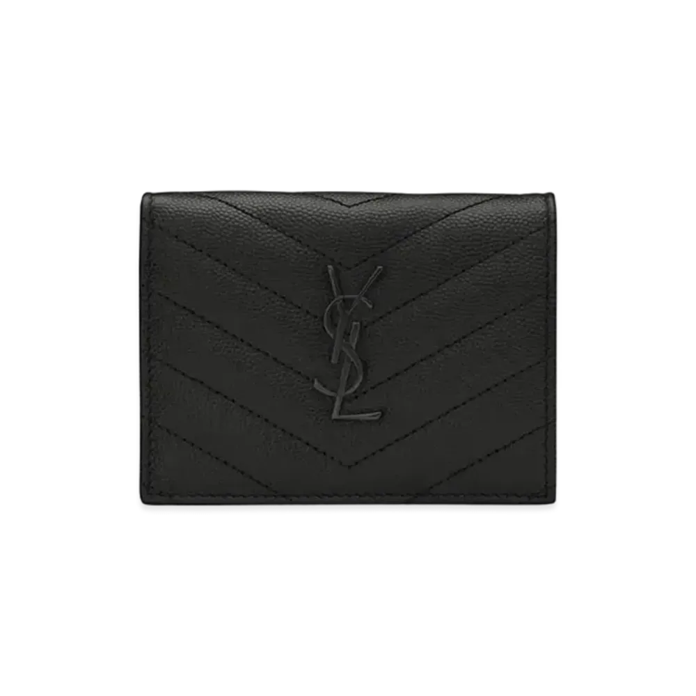 Saint Laurent Monogram Flap Card Case In Grain De Poudre Embossed Leather "Black"