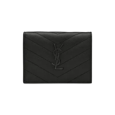 Saint Laurent Monogram Flap Card Case In Grain De Poudre Embossed Leather "Black"