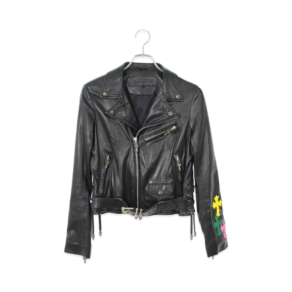 Chrome Hearts JJ Dean Sleeve Cross Patch Dagged Riders Leather Jacket "Black"