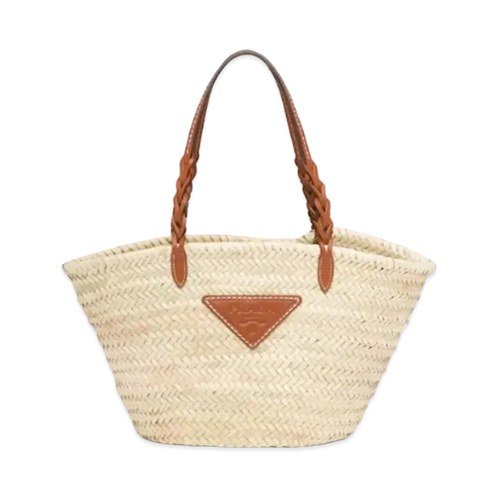 PRADA Woven Palm & Leather Tote Bag "Beige/Cognac"