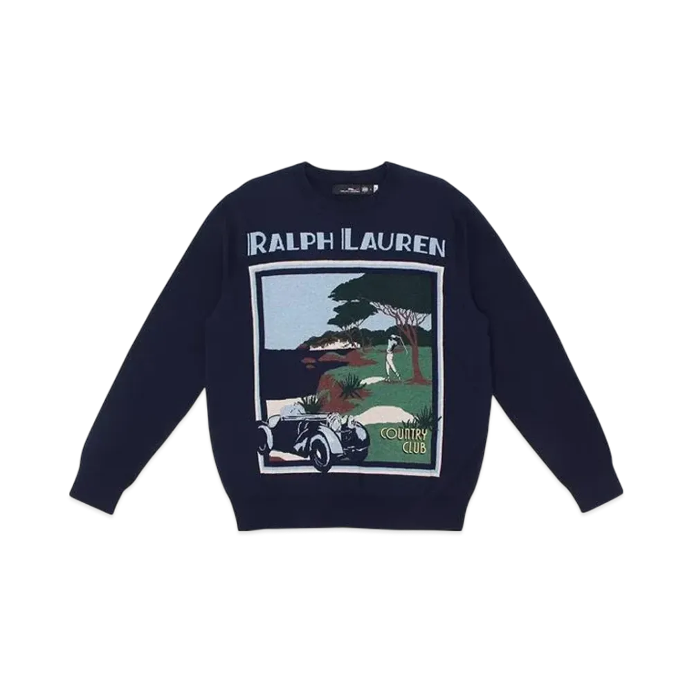 Polo Ralph Lauren Long Sleeve Cotton Country Club Poster Crewneck Sweater "Navy"