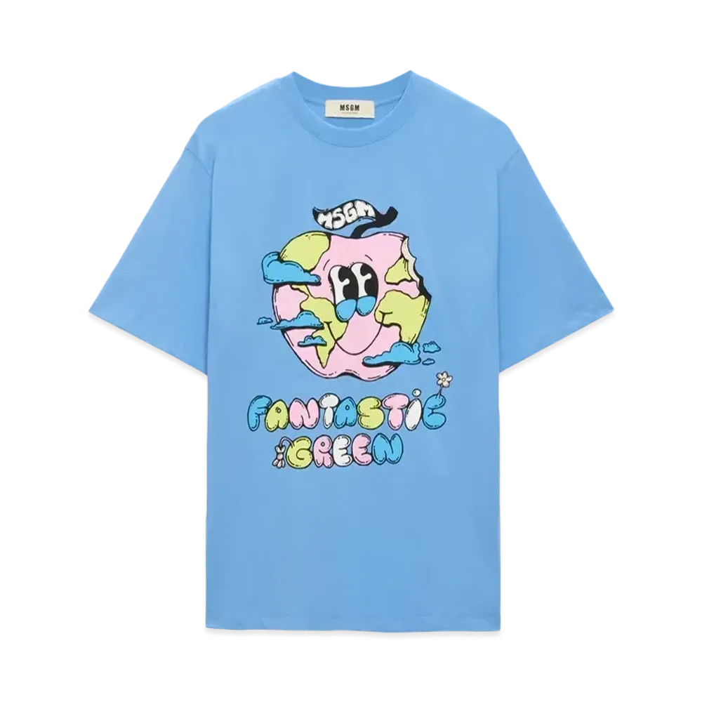 MSGM Organic Cotton Fantastic Green Burro Studio Light Blue T-Shirt "Light Blue"