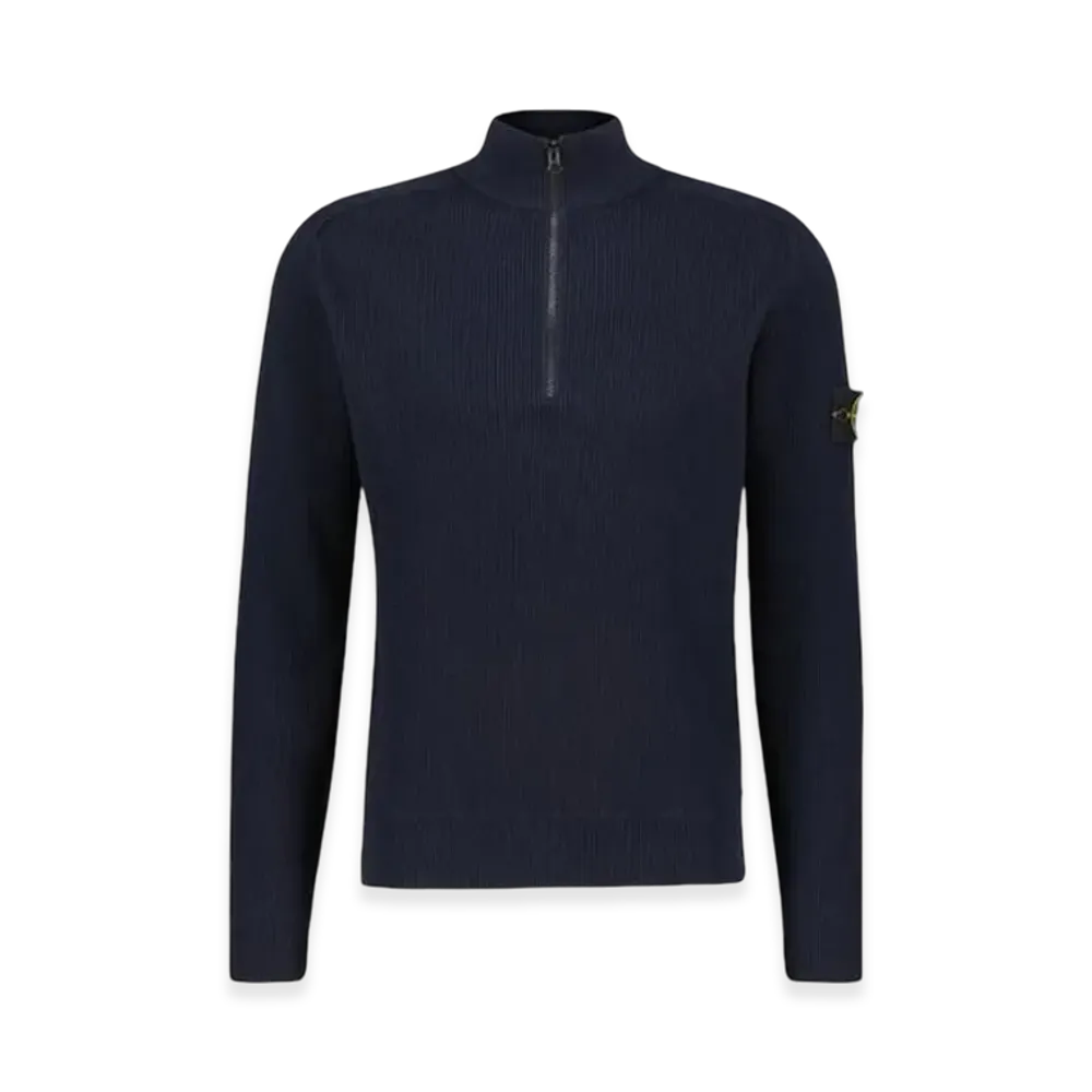 Stone Island 5100024 Ribbed Soft Organic Cotton Knit Polo Shirt with Ribbing and Stitch Motif - 25SS "Navy Blue"