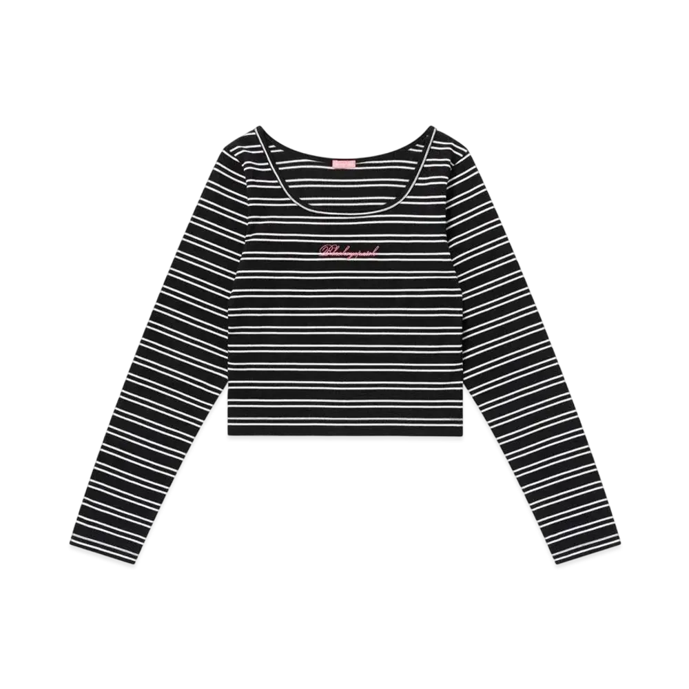 BlackEyePatch Striped Square Neck Cropped L/S Tee "Black"