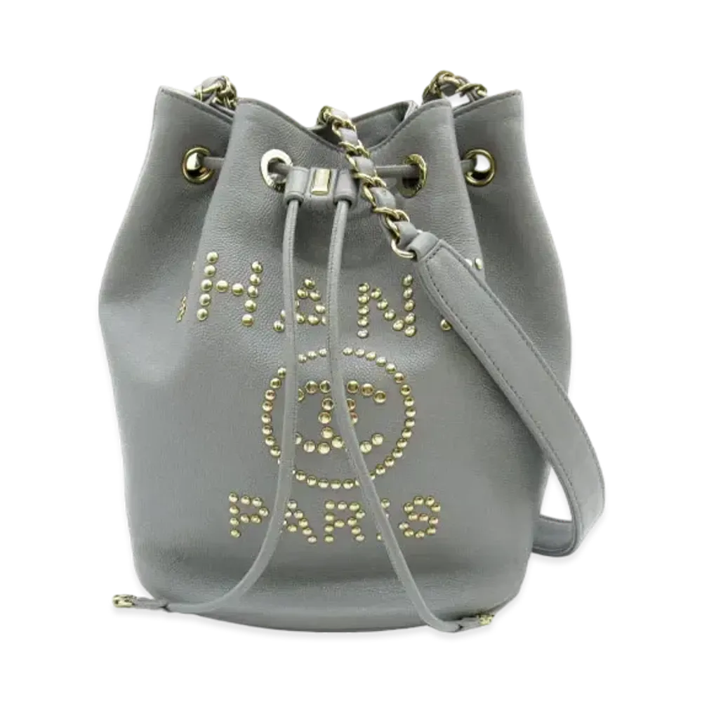 CHANEL Deauville Drawstring Bag Chain Shoulder 19 Caviarskin "Gray"