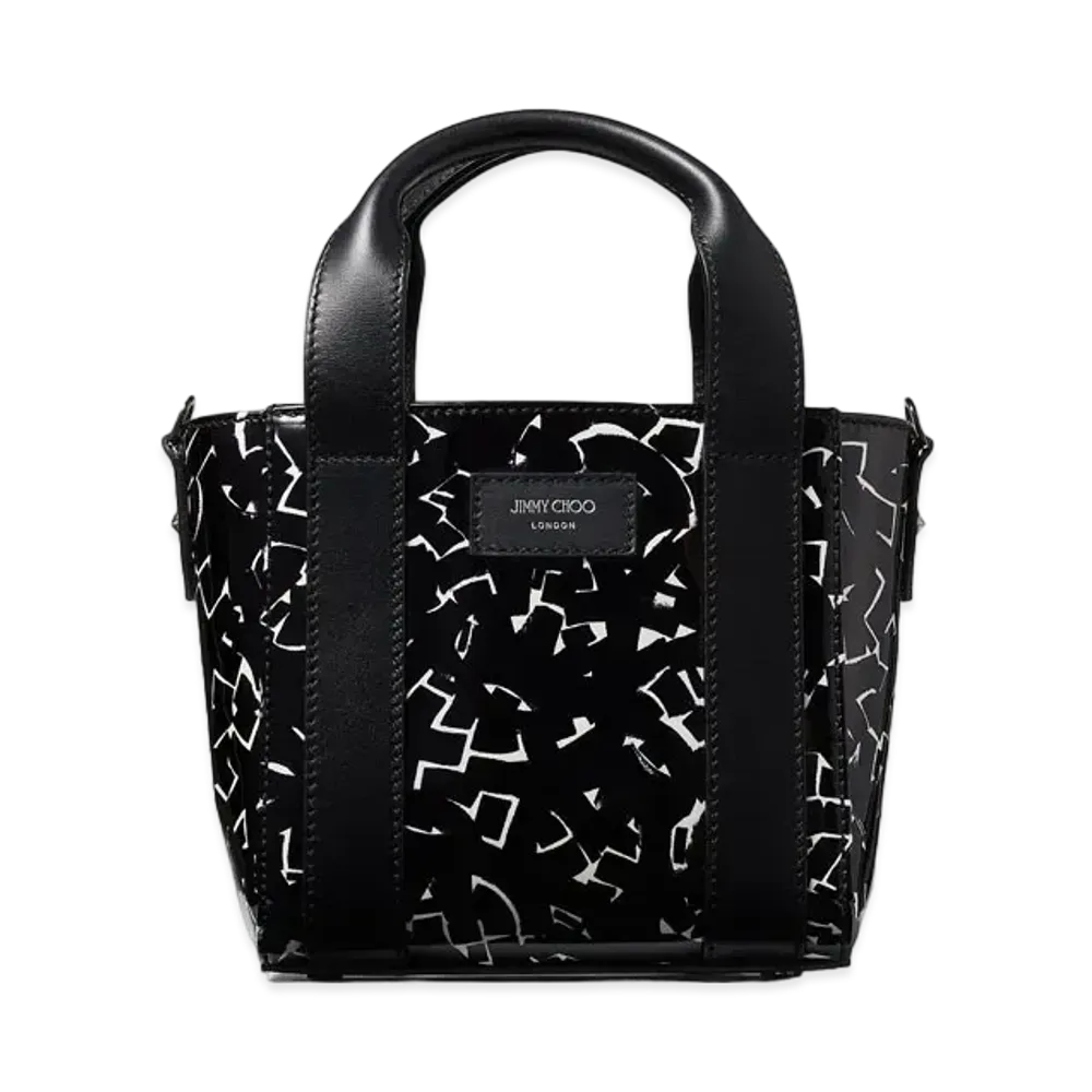 JIMMY CHOO JC / ERIC HAZE SHOPPER TOTE/S Artwork Printed Patent Leather Tote Bag "Black/White"
