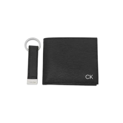 Calvin Klein Billfold Wallet With Coin Pocket Key Fob Gift Set "Black"