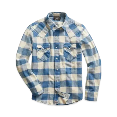 RRL Ralph Lauren Slim Plaid Twill Western Shirt "Navy"