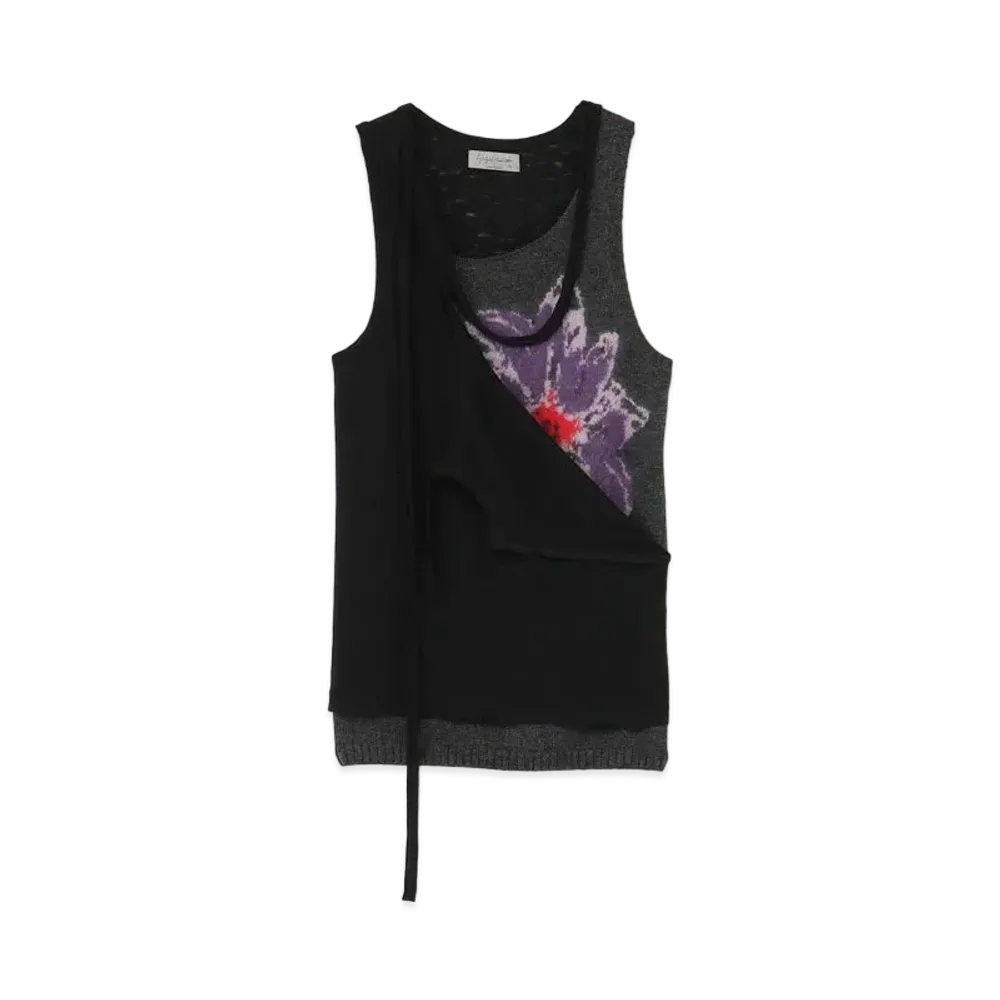 Yohji Yamamoto Pour Homme 7G FLOWER PRINT KNIT+CUT AND SEWN LAYERED TANK TOP "Charcoal"