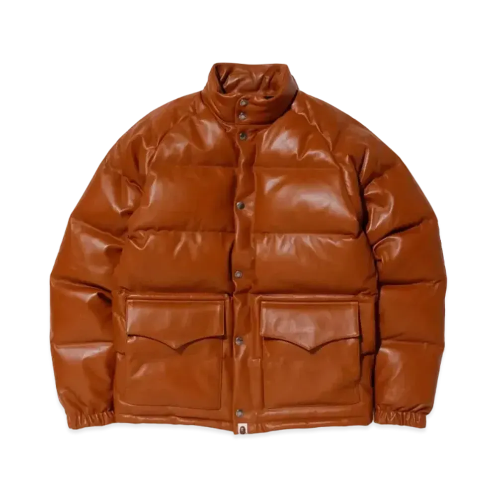 A BATHING APE LEATHER CLASSIC DOWN JACKET 20TH "Brown"