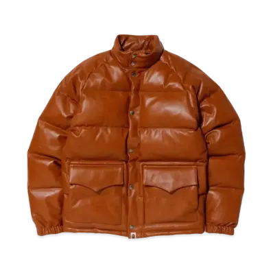 A BATHING APE LEATHER CLASSIC DOWN JACKET 20TH "Brown"