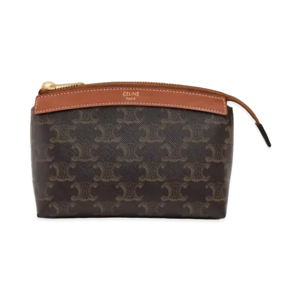 CELINE Small Zipped Pouch in Triomphe Canvas and Calfskin "Tan"