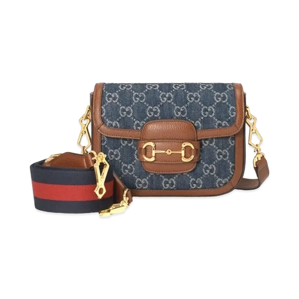 GUCCI Horsebit 1955 Mini Bag "Blue/Ivory GG Denim"