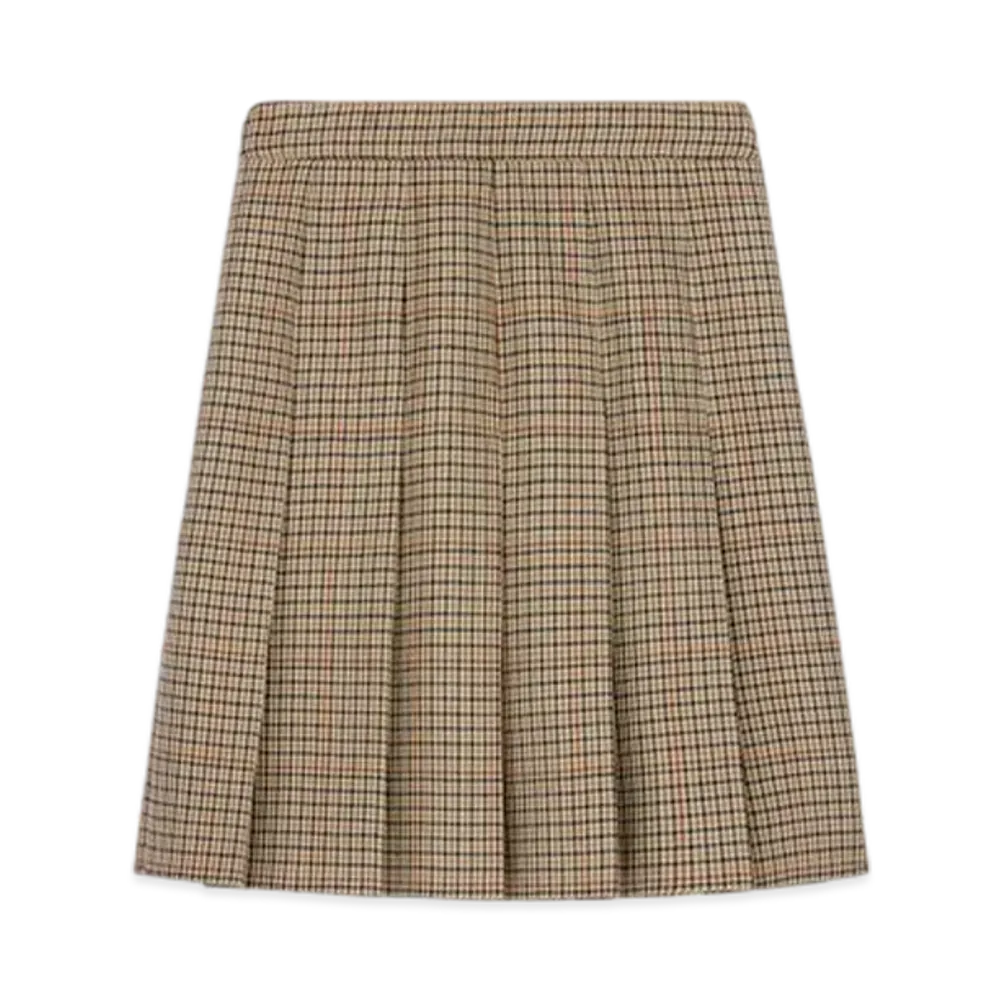 CELINE Women's Pleated Skirt in Houndstooth Wool "Ivoire/Camel/Noir"
