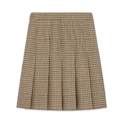 CELINE Women's Pleated Skirt in Houndstooth Wool "Ivoire/Camel/Noir"