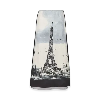 Dior Women's Silk Twill with Paris Motif Flared Mid Length Skirt "White/Black"
