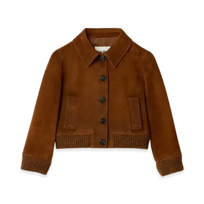 MIU MIU Women's Cropped Suede Jacket "Hazelnut"