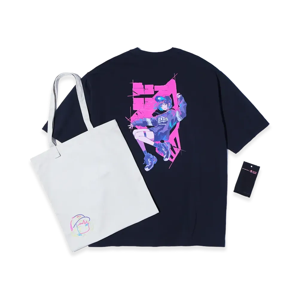 NEW ERA Short Sleeve Oversized Cotton T-Shirt Twill Tote Set Naoki Saito Back Print "Black"
