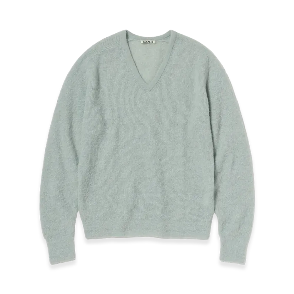 AURALEE Baby Suri Alpaca Sheer Knit V-Neck P/O "Dusty Mint"