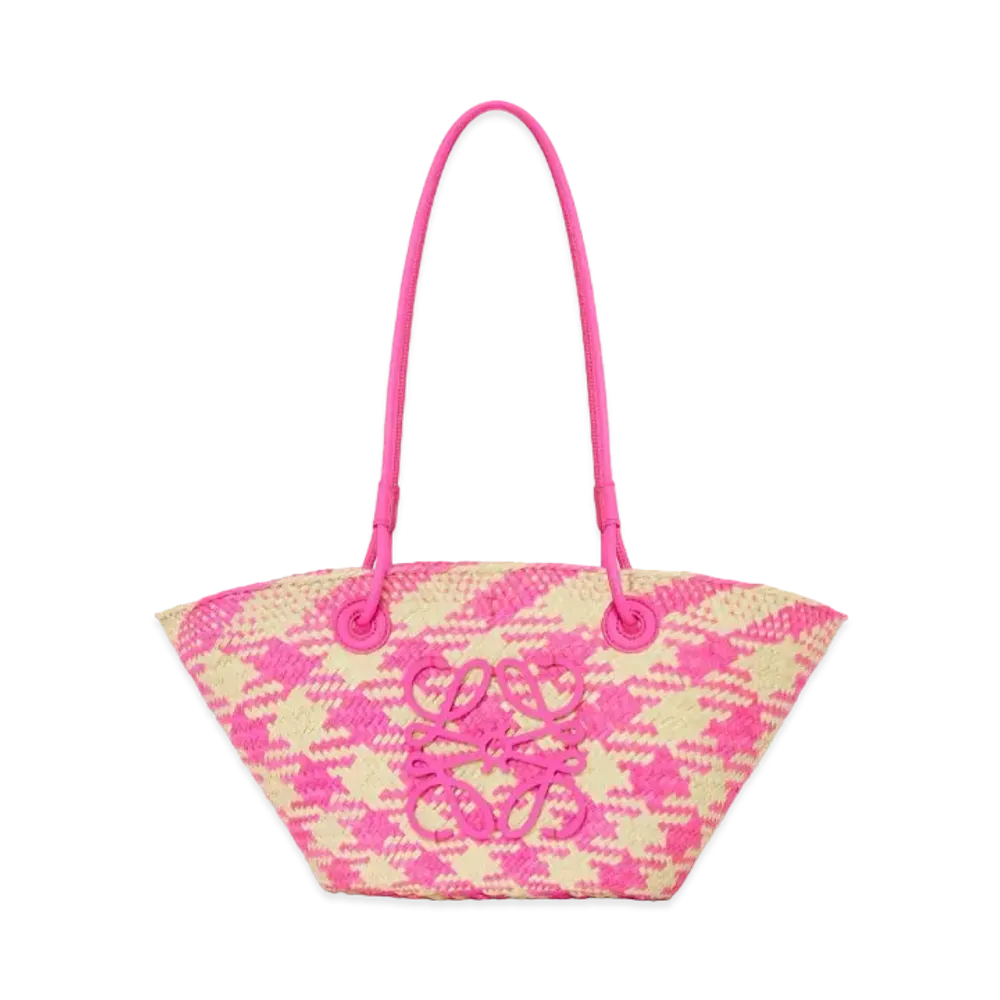 LOEWE Small Anagram Basket Bag In Iraca Palm and Calfskin "Natural/Fuchsia"