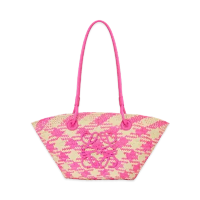 LOEWE Small Anagram Basket Bag In Iraca Palm and Calfskin "Natural/Fuchsia"