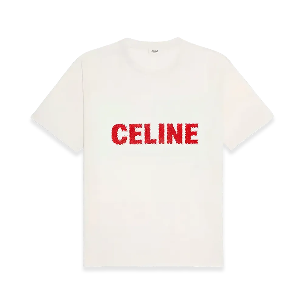 CELINE Logo Rhinestone Cotton Loose T-Shirt "White"