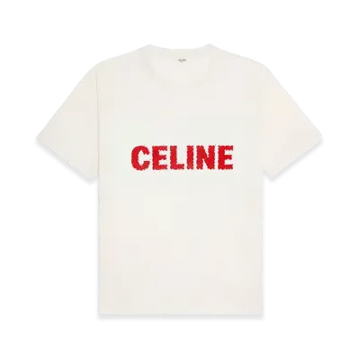 CELINE Logo Rhinestone Cotton Loose T-Shirt "White"