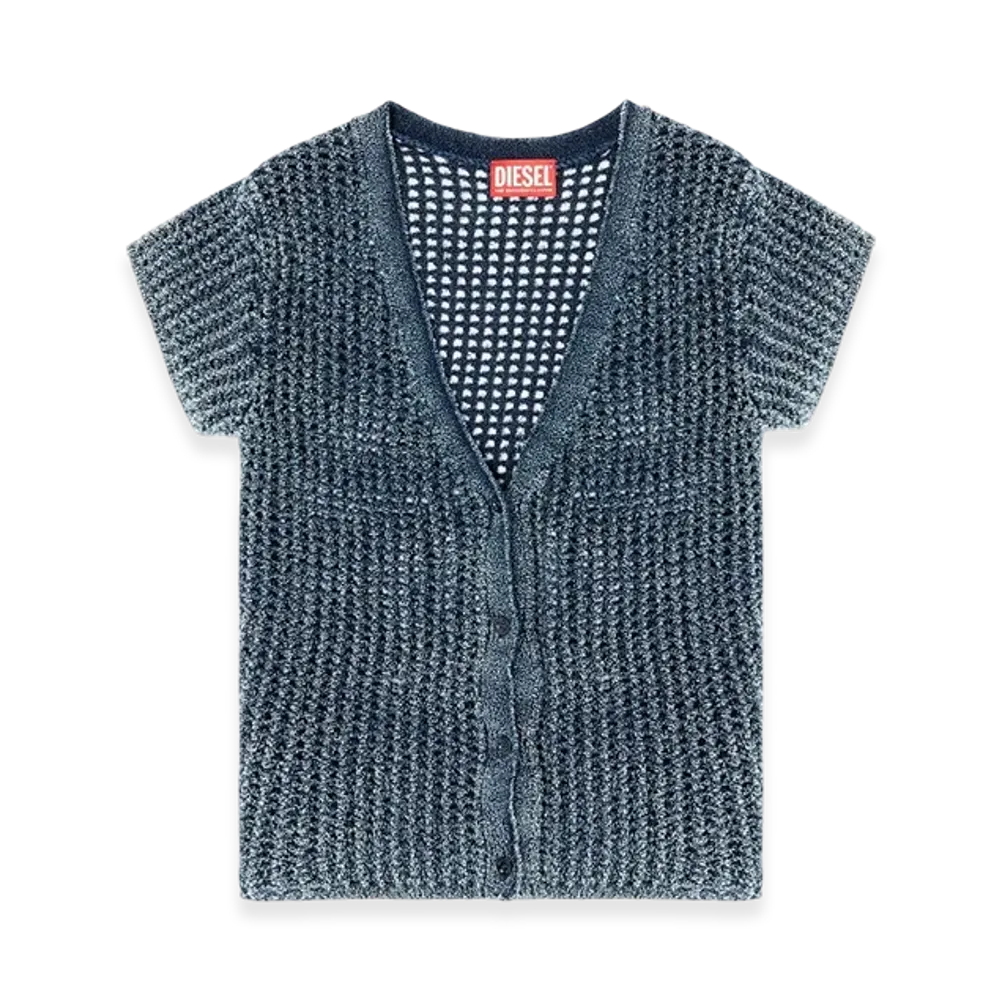 Diesel M-Rez Short-Sleeve Cardigan In Denim Mesh Knit "Medium Blue"