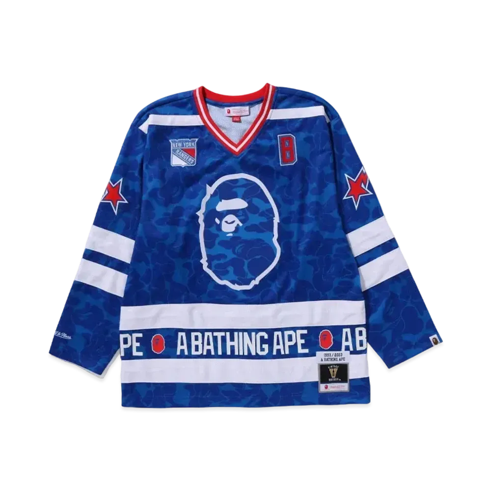 A BATHING APE x Mitchell & Ness x NHL New York Rangers Mesh Hockey Jersey L/S Tee "Blue"