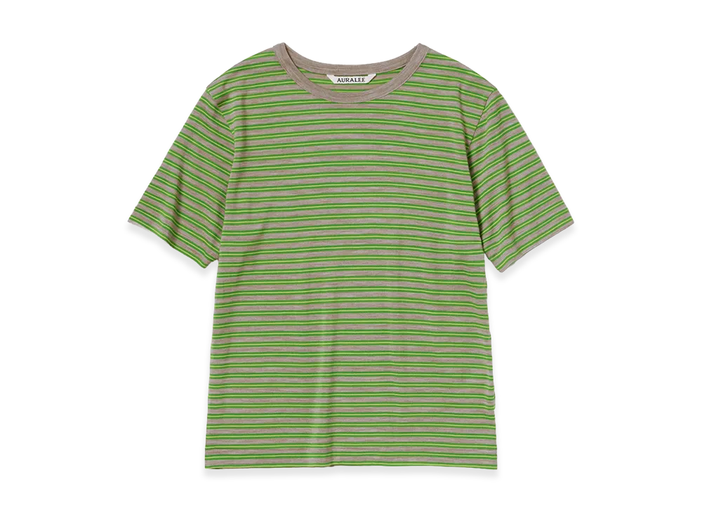 AURALEE Women's Soft Smooth Wool Stripe Jersey Tee "Green Stripe"