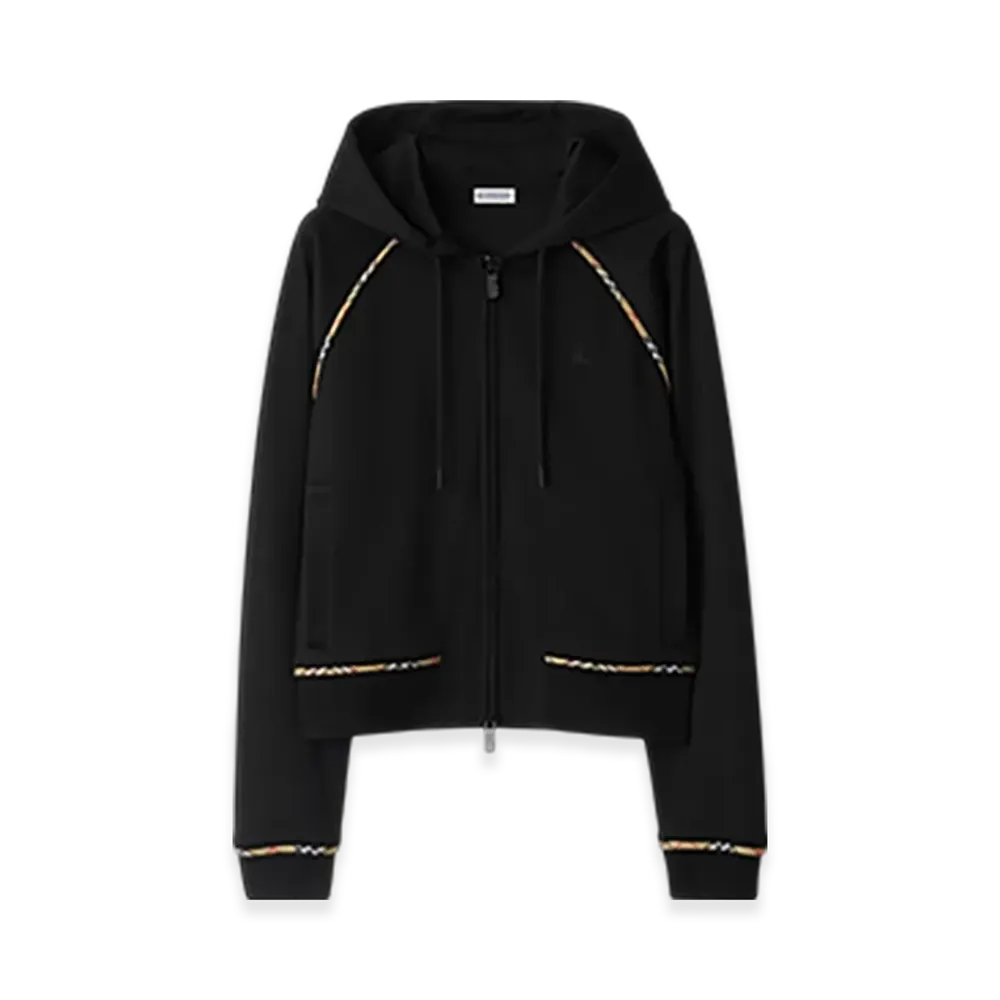 Burberry Check Trim Cotton Blend Zip Hoodie "Black"