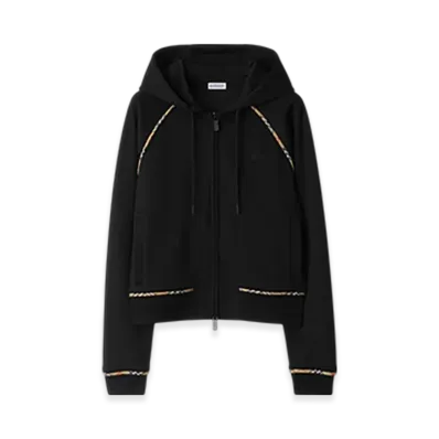 Burberry Check Trim Cotton Blend Zip Hoodie "Black"