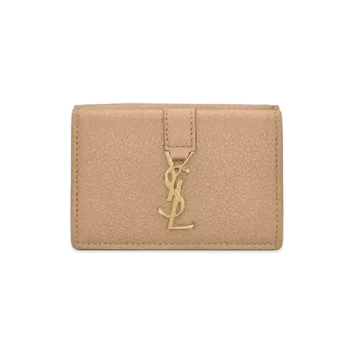 Saint Laurent Ysl Line Origami Tiny Wallet In Grained Leather "Dark Beige"