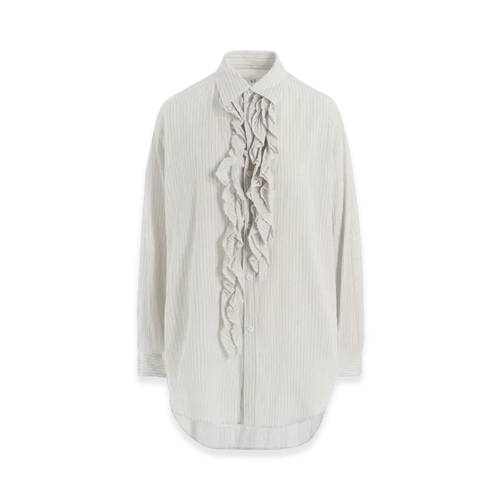 Y's Cotton Voile Untrimmed Frill Stripe Blouse "Off White"