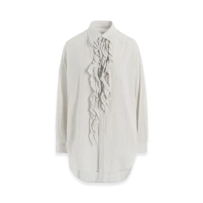 Y's Cotton Voile Untrimmed Frill Stripe Blouse "Off White"