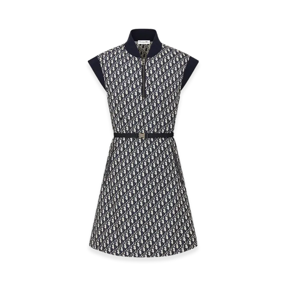 Dior Women's Belted Dress Technical Taffeta Jacquard Oblique Motif "Blue"