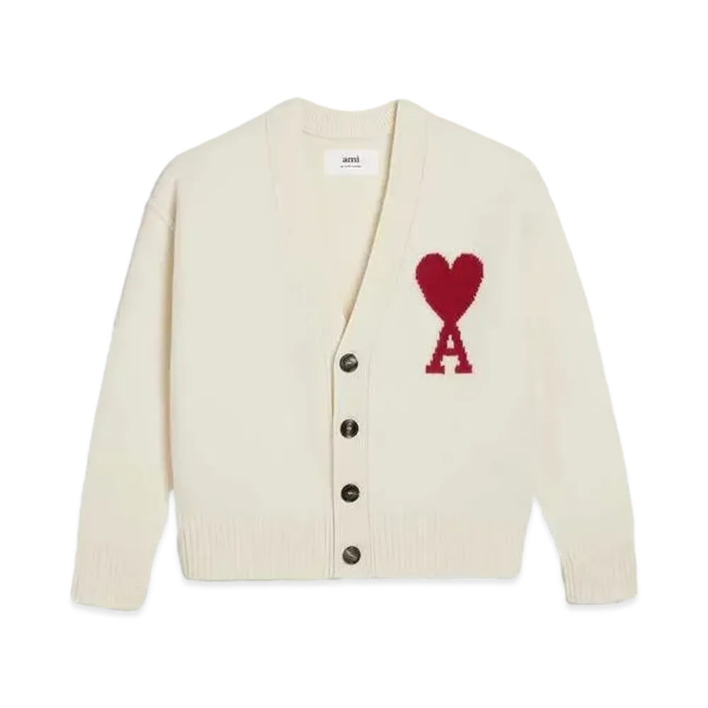 AMI PARIS Merino Wool Felt Cardigan "Off White & Red"