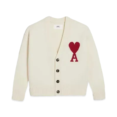 AMI PARIS Merino Wool Felt Cardigan "Off White & Red"