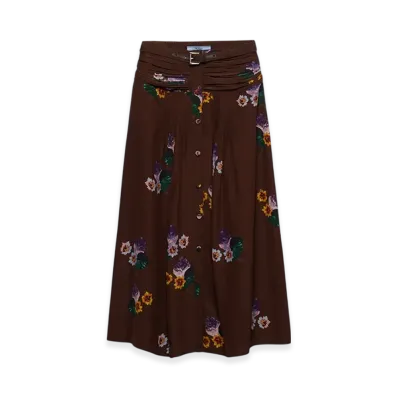 PRADA Women's Printed Pongee Midi Skirt "Cocoa Brown"