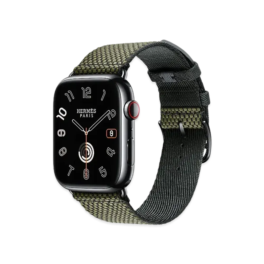 Apple Watch x Hermes Series 9 (GPS + Cellular Model) Space Black 45mm and Single Tour Toile H "Black/Vert Militaire"