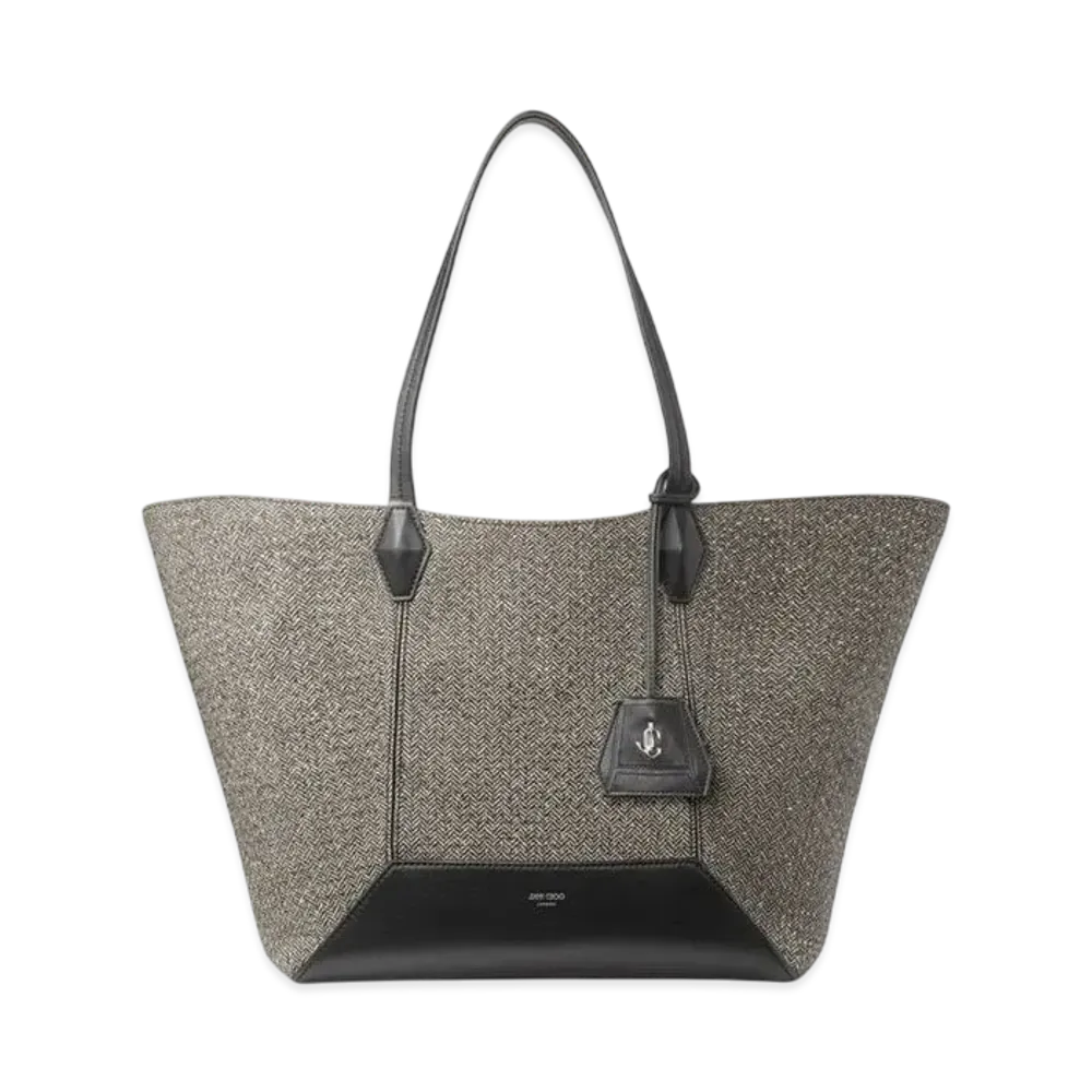 Jimmy Choo Diamond Tote/M Crystal Herringbone Fabric Tote Bag "Black/Bamboo Mix"